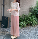 オーガンザ 刺繍トップスとパンツ チャイナドレス ツーピースセット