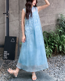 ムーンライト ブルー 刺繍 チャイナドレス